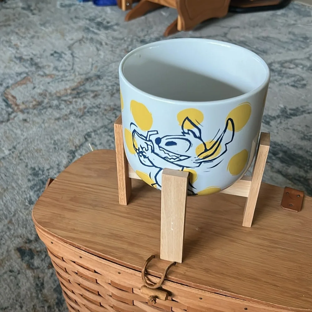 Disney Stitch Yellow Polka Dot Ceramic Planter with wooden holder 6”pot - Picture 8 of 8